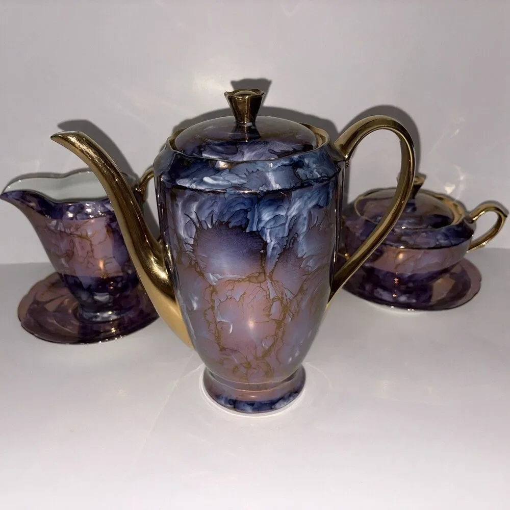 Vintage Cmielow Poland Tea Set Teapot Creamer Sugar Bowl 2 Saucers Purple Gold